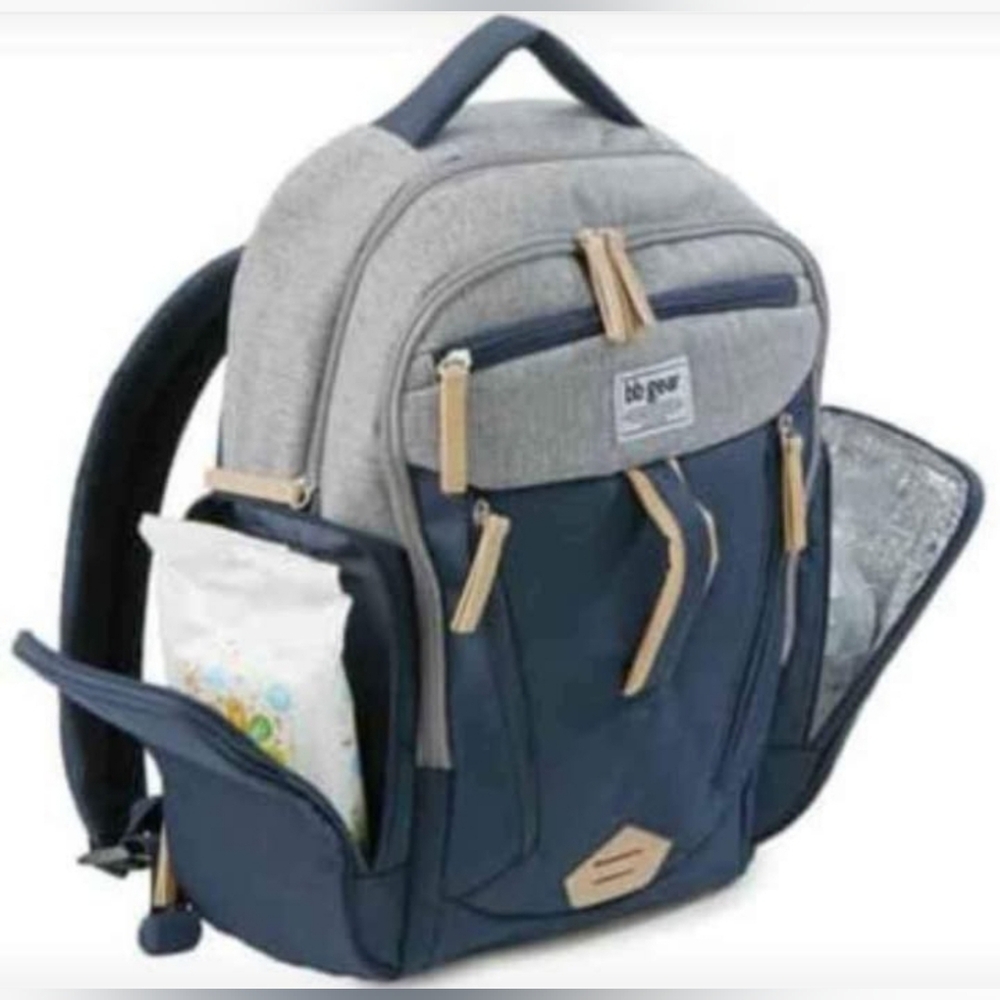 navy/grey diaper backpack with navy changing pad included